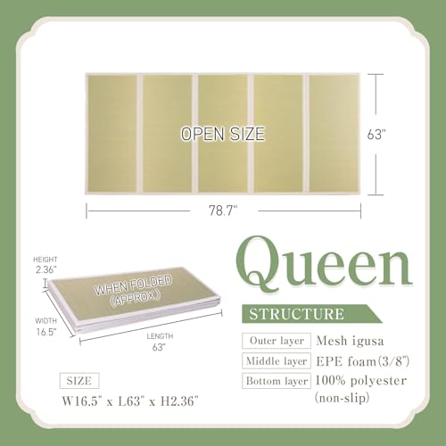 BJDesign Japanese Tatami Mat, Foldable Igusa Rush Grass Floor Mat Queen XL | Futon sleeping, meditation, yoga, zen-inspired room decor, non-slip backing, moisture and odor control, 9mm cushioning - size: Queen XL