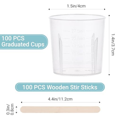 Resin Measuring Cups and Sticks, 200PCS Disposable Mixing Cups Set - 100PCS 30ml Graduated Measuring Cups and 100PCS Wooden Stir Sticks for Epoxy Resin, Glue, Paint Pouring - color: Clear cups+wooden stick, size: 30ml