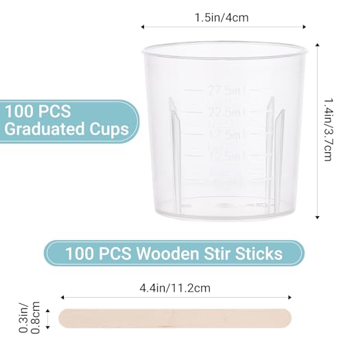Resin Measuring Cups and Sticks, 200PCS Disposable Mixing Cups Set - 100PCS 30ml Graduated Measuring Cups and 100PCS Wooden Stir Sticks for Epoxy Resin, Glue, Paint Pouring - color: Clear cups+wooden stick, size: 30ml