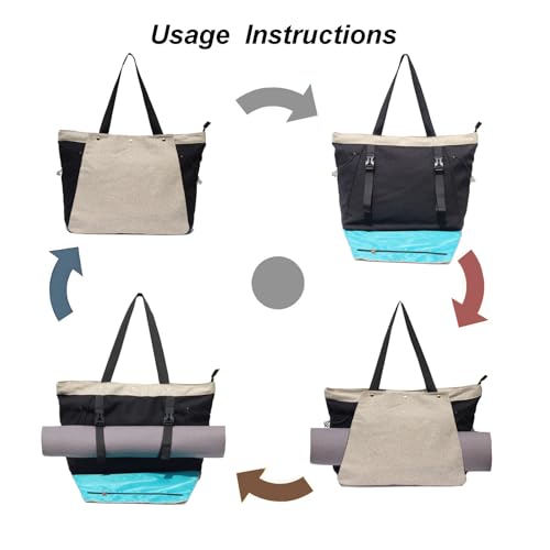 ESVAN Yoga Mat Bag, Gym Bag Tote Bag with Multi Pockets For Women Drawstring Yoga Mat Carrier Pilates Travel Workout Office - color: Linen Black Beige