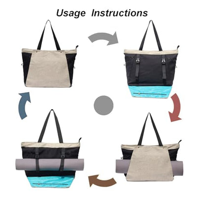ESVAN Yoga Mat Bag, Gym Bag Tote Bag with Multi Pockets For Women Drawstring Yoga Mat Carrier Pilates Travel Workout Office - color: Linen Black Beige