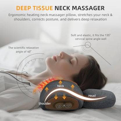 3-in-1 Neck Massager Pillow with Heat & Traction, Deep Tissue Cervical Traction Device for Neck Hump Corrector, Shoulder & Upper Back Pain Relief, Relaxing TheraPillow Support