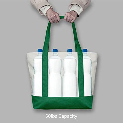 TOPDesign 1-Pack Canvas Tote Bag with an External Pocket, Reusable Grocery Shopping Bag, Top Zipper Closure, Daily Essentials (Green/Natural) - color: Green/Natural