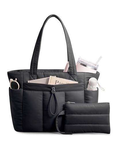 TOPDesign Puffy Tote Bag for Women with Cup Holder & Laptop Compartment & Cosmetic Bag & Trolley Sleeve for Work, Travel - color: Black, size: Medium