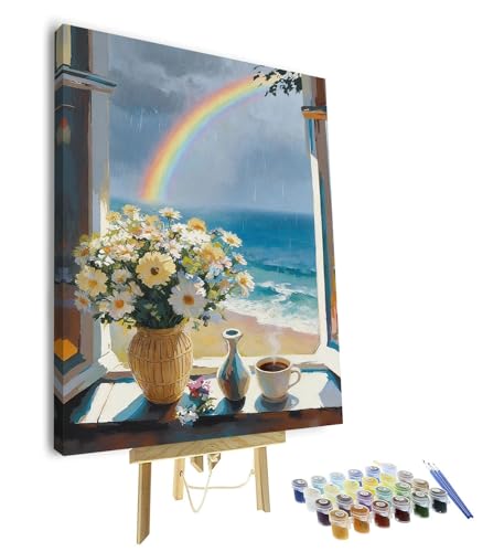 TUMOVO Paint by Numbers Kit for Adults, Adult Paint by Number - Window View with Flowers in Vase, Coffee Cup & Ocean, Coastal Decor Framed Canvas Art, 16x20 Inch - color: Ocean View(Framed)