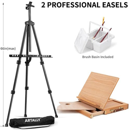 187Pcs Professional All-in-One Art Painting Kit with Aluminum & Beech Wood Easel, 96 Acrylic, Watercolor & Oil Paint Set, Complete Art Supplies Painting Set for Adults, Artists, Beginners