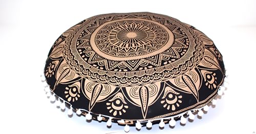 CRAFT KALA Large Round Bohemian Floor Pillow Pouf Cover Mandala Meditation Room Pillow Cover for Adults Boho Seating Poufs Cushion Cover for Kids Playroom Black Golden 32" Round - color: Black Golden, size: 32" x 32" (Pack of 1)