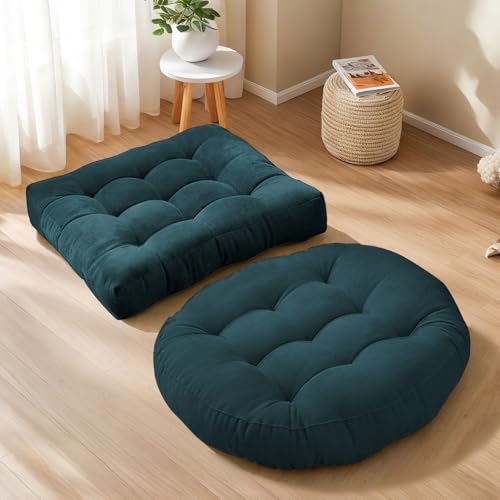 Floor Cushion Pillow Set of 2 Large Round and Square Floor Pillows for Adults Meditation Cushion Pillow Tufted Corduroy Cushions for Living Room Outdoor Yoga Tatami Fireplace,20x20 Inch (Blue) - color: Blue