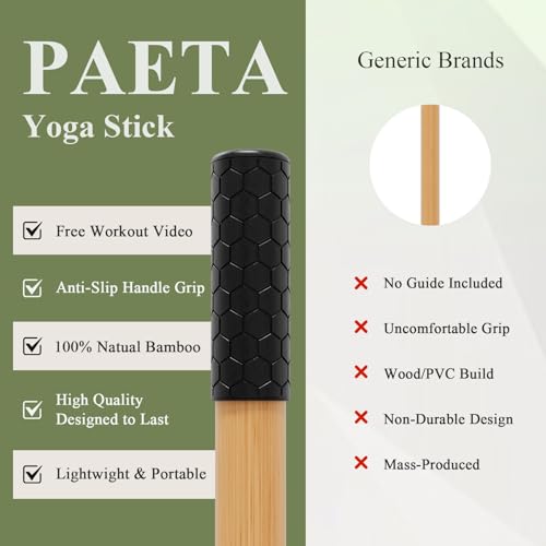 PAETA Yoga Stick for Stretching, 5ft Exercise Stick for Mobility & Flexibility, Bamboo Stretch Bar and Posture Pole with Non-Slip Grip - Includes Free Video Guide - color: Natural Bamboo
