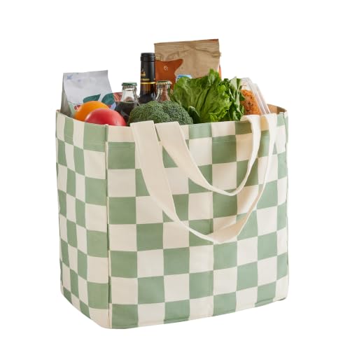 Checkered Reusable Grocery Bags, Cute Checkerboard Large Canvas Tote Bag, Reusable Shopping Bags Farmers Market Bag - color: Sage Green