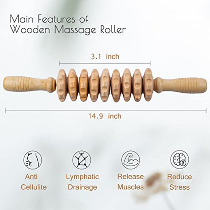 Wooden Massage Roller for Body Shaping, Wood Therapy Roller with 9 Rotating Rollers, Anti-Cellulite Body Sculpting Massage Tool for Muscle Relaxation