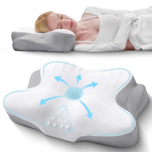 BDEUS Cervical Neck Pillow for Sleeping – Ergonomic Memory Foam Pillow with Massage Nodes for Neck Pain Relief, Side Sleeper & Back Support, CertiPUR-US Certified, White - color: White