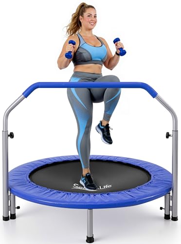 SereneLife 40" Foldable Mini Trampoline for Adults - Compact Fitness Rebounder with Adjustable Foam Handle, Exercise Trampoline with Max Load 330lbs, Indoor/Garden Whole-Body Workout - color: Deep Blue