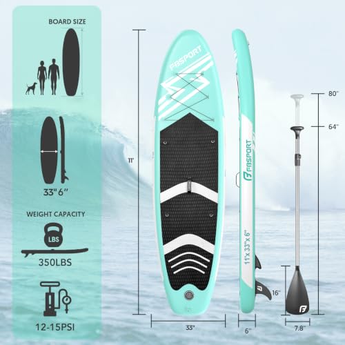 FBSPORT 11' Premium Stand Up Paddle Board, Yoga Board with SUP Accessories & Carry Bag | Wide Stance, Surf Control, Non-Slip Deck, Leash, Paddle and Pump for Youth & Adult - color: Mint Green