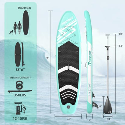 FBSPORT 11' Premium Stand Up Paddle Board, Yoga Board with SUP Accessories & Carry Bag | Wide Stance, Surf Control, Non-Slip Deck, Leash, Paddle and Pump for Youth & Adult - color: Mint Green