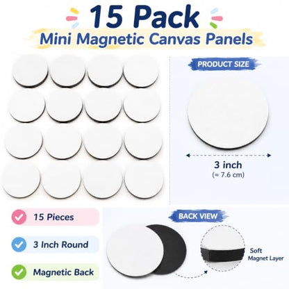 15 Pack Mini Canvas Boards with Soft Magnet Back | Perfect for acrylic, watercolor and marker art. Create personalized fridge magnets, classroom crafts and handmade gifts - style: Round-15pcs