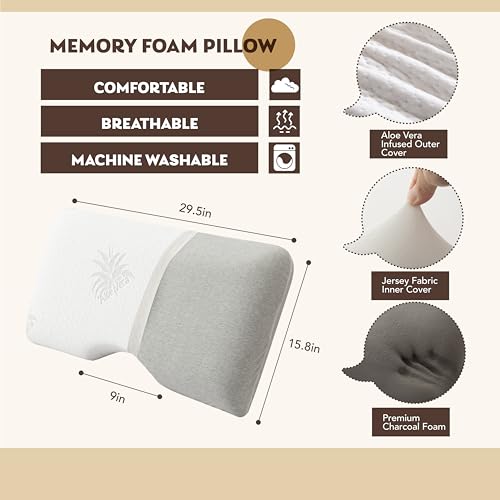 EGOHOME Cervical Neck Pillow, Aloe Vera Memory Foam Pillow, 30x16 Inches | Side Sleeper Pillow for Sleeping, Ergonomic Neck Support Pillow for Neck Pain Relief, Suit for Side Back Stomach Sleepers