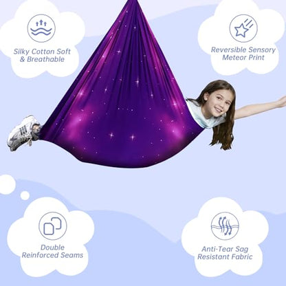 Aokitec Sensory Swing Kids & Adults, Double-Layer Indoor Outdoor Hammock | Therapy swing, Special Needs, Autism, Adjustable, Double-layer Polyester Holds 300LB, Swivel Hanger, All Hardware Included - color: Galaxy Purple
