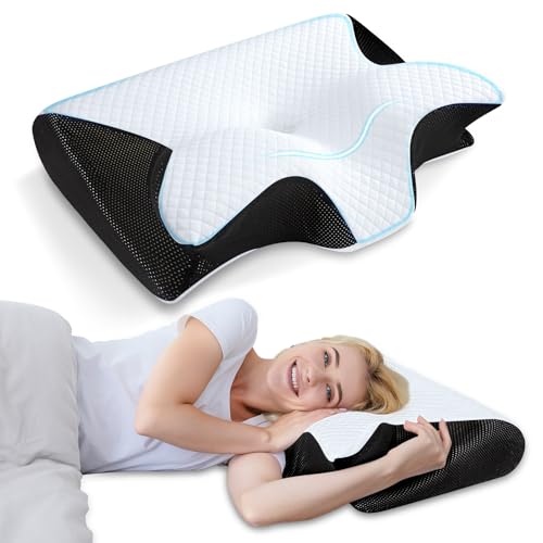 HOMCA Memory Foam Cervical Pillow, 2 in 1 Ergonomic Contour Orthopedic Pillow for Neck Pain, Contoured Support Pillows for Side Back Stomach Sleepers - color: Black