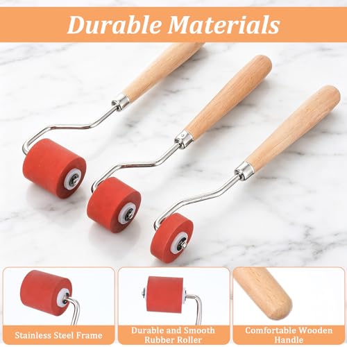 6 Pcs Rubber Brayer Rollers Set, Red Rubber Roller with Wood Handle & Iron Frame for Stamping, Printmaking, Block Printing, Crafting, and Ink Spreading