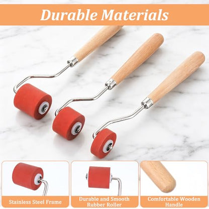 6 Pcs Rubber Brayer Rollers Set, Red Rubber Roller with Wood Handle & Iron Frame for Stamping, Printmaking, Block Printing, Crafting, and Ink Spreading