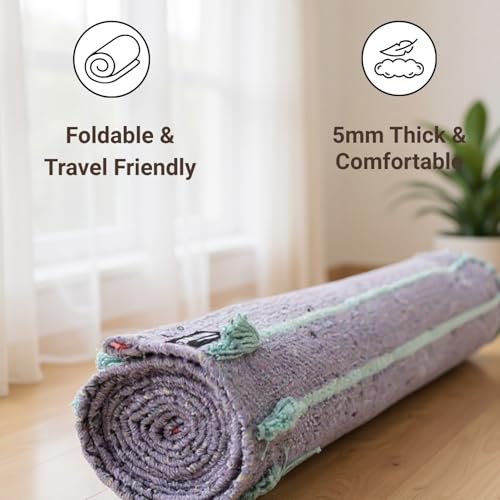 Indian Handmade100 % Organic Anti Skid Multi Colour Cotton Yoga Mat - Eco-Friendly Hand-Woven Rug - Non-Slip & Thick (24”x72”x5mm) for Hot yoga & Everyday Fitness at Home - Comfortable & Foldable Extra-Long Mat - color: Lilac