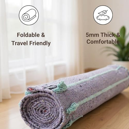 Indian Handmade100 % Organic Anti Skid Multi Colour Cotton Yoga Mat - Eco-Friendly Hand-Woven Rug - Non-Slip & Thick (24”x72”x5mm) for Hot yoga & Everyday Fitness at Home - Comfortable & Foldable Extra-Long Mat - color: Lilac