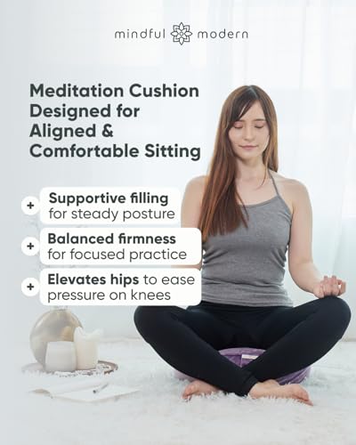 Mindful Modern Velvet Meditation Cushion | Luxe Zafu Yoga Floor Pillow Seat | Posture Support | Buckwheat Hull Filled | Large Round Cushion with Removable Washable Cover + Carry Handle - color: Dusty Violet