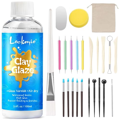 3.4FL OZ Air Dry Clay Glaze & 25pcs Tools Kit, Gloss Protective Sealant | Prevents Cracking, Scratching & Wear, Dotting Tools, Air Dry Clay Sculpting Tools for Carving, Stippling, Molding & Shaping