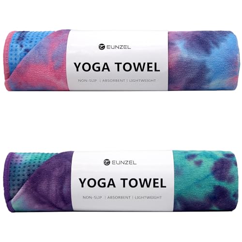Eunzel 2 Pack Hot Yoga Towel with Grip Dot, Non Slip Yoga Mat Towe Sweat Absorbent Towel for Hot Yoga,Bikram, Pilates and Fitness 72" x 24", Purple & Pink/Green & Purple - color: Pink & Blue/Green & Purple