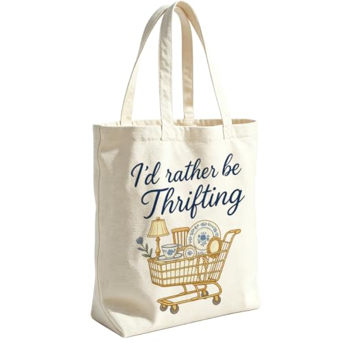 VICBOU Vintage Thrifting Canvas Tote Bag, Retro Shoulder Bag with Pocket