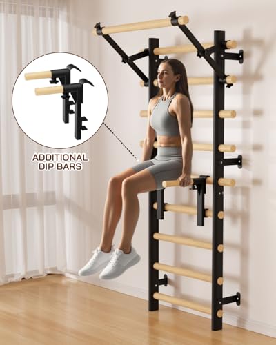 Cofiyard Swedish Ladder Wall Gym, Wooden Wall-Mounted Stall Bars with Pull-up Bar & Exercise Straps & Dip Bars, Stretching Ladder Full Body Home Gym Adults New - color: Black