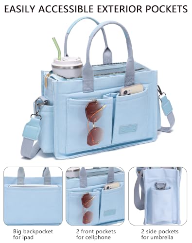 ZHMO Canvas Tote Bag for Women,Women's Bags Crossbody Bags Work Laptop Tote Bag Large Handbags Purse for Travel Nurse Teacher - color: New Upgrade Light Blue With Compartments and Side Cup Holders