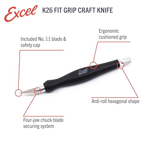 Excel Blades Fit Grip Craft Knife With #11 Ultra-Sharp Carbon Steel Angled Blade – Precision Craft Knife With Contoured Rubberized Grip For DIY, Art, Hobby, And Model Projects – Black, Made In The USA - color: Black