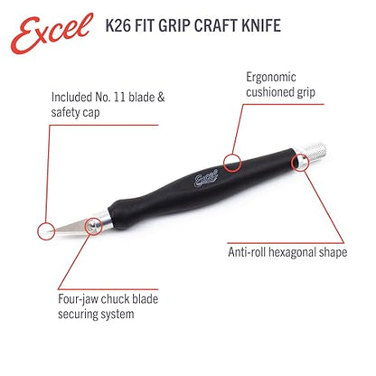 Excel Blades Fit Grip Craft Knife With #11 Ultra-Sharp Carbon Steel Angled Blade – Precision Craft Knife With Contoured Rubberized Grip For DIY, Art, Hobby, And Model Projects – Black, Made In The USA - color: Black