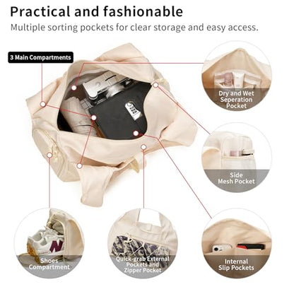 Handbag for Women Yoga Bag Large Capacity Yoga Pad Buckle with Shoe Compartment Water Bottle Sports Gym Bag Travel - color: A01-beige
