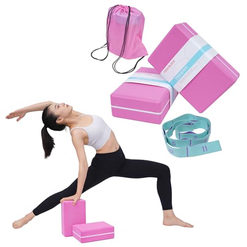 High Density Yoga Blocks 2 Pack with 11 Loops Stretch Band, 350g Non-Slip Foam Exercise Bricks for Pilates & Dance, Pink Gym Accessories with Carry Bag for Flexibility, Balance & Rehab Training - color: Pink Brick & Blue Band