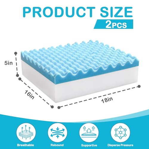 Egg Foam Crate Pad with High-Density Base for Long Sitting, Double Layer Design Disperse Pressure & Breathable Support 18"x16"x5" Seat Cushion for Office Chair Wheelchair Car Recliner(2 PCS)