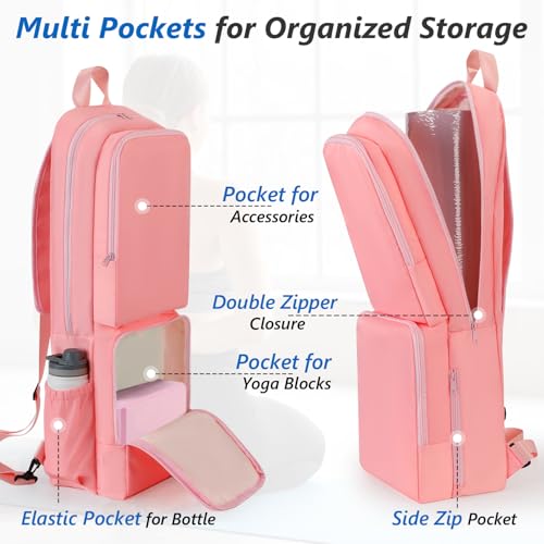 VISEMAN Yoga Mat Bag Carrier Waterproof Yoga Backpack with Multi Pockets, Lightweight Adjustable Yoga Bag for Mat, Yoga Blocks, Yoga Accessories - color: Pink