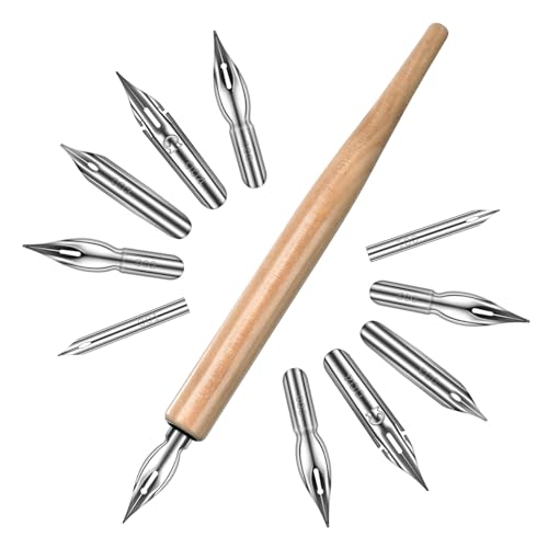 ZEYIYER 11 Pcs Dip Pens, G Pen Ink Nibs, Wooden Drawing Pen Holder with Stainless Steel Dip Pens for Comic, Drawing, Writing, Calligraphy