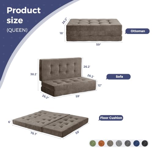 MAXYOYO 6" Folding Sofa Bed for Floor, Tufted Tri-Fold Floor Mattress | Queen Size Portable Sofa Couch Guest Mat with Chenille Fabric for Adults, Foldable Topper for Camping, Brown, Queen - color: Brown, size: Queen