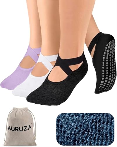 AURUZA Pilates Grip Socks for Women Non Slip Skid Yoga Socks with Grips Straps for Ballet Dance Workout Gripper Sock - color: 3pairs- Black+white+purple, size: Medium