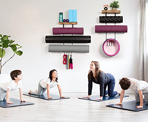2 PACK Yoga Mat Holder Wall Mount Yoga Mat Storage Shelf Rack Home Gym Accessories with Wood Floating Shelves and 4 Hooks for Hanging Foam Roller and Resistance Bands Home Gym Carbonized Black - color: 2 Pack Carbonized Black