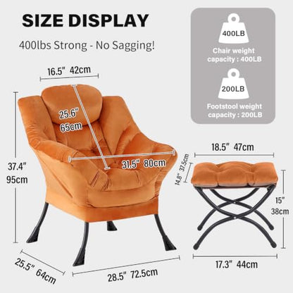 Tiita Lazy Chair with Ottoman, Comfy Reading Accent Chair, Velvet Orange - color: Orange