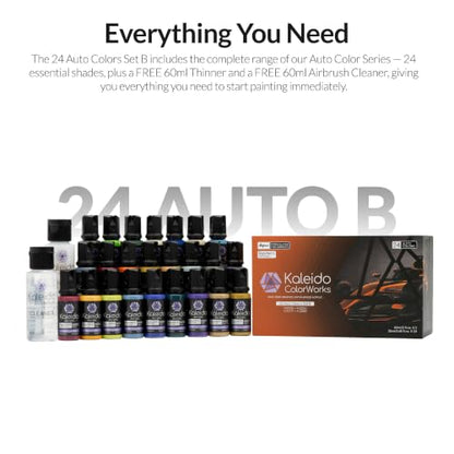Gaahleri Kaleido Water-Based Acrylic Airbrush Paint Kit 24 Auto Color Set B | Acrylic Paint, Pre-Thinned, High Gloss, Fast-Drying, with Thinner & Cleaner - color: 24 Auto Colors Set B