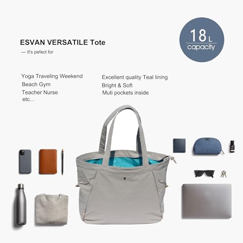 ESVAN Yoga Tote Bag for Women Shoulder Bags Drawstring for Office Workout Travel Carryall Pilates Gym and Beach - color: Nylon Light Gray