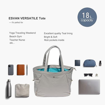 ESVAN Yoga Tote Bag for Women Shoulder Bags Drawstring for Office Workout Travel Carryall Pilates Gym and Beach - color: Nylon Light Gray