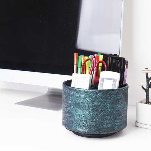 Round Leather Art Supply Organizer,Remote Control Holder,360 Degree Spinning,Multi-Functional Pencil Holder,4 Compartments Desktop Stationary Organizer(1-Carved Metal Green3) - color: 1-Carved Metal Green3