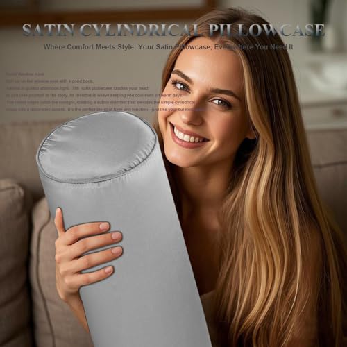새틴 실린더 베개 커버 | 숨겨진 지퍼가 있는 실크 같은 롤 볼스터 베개 커버 | 헤어 및 피부 친화적인 넥 롤 커버(실버 그레이 45.7 x 15.2cm(18 x 6인치)) - color: 실버 그레이., size: 18" x 6" (Pack of 1)