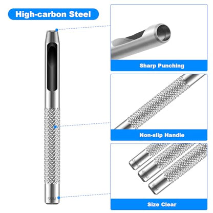 7PCS Hollow Leather Hole Punch Set, Maugruy 2–5mm Round Punch Hole Tool | Metal Round Punching Hole Tool, 5/64–13/64in with Anti-Slip Grip for Belts, Watch Bands, Paper, Plastics, DIY, Repair Tools
